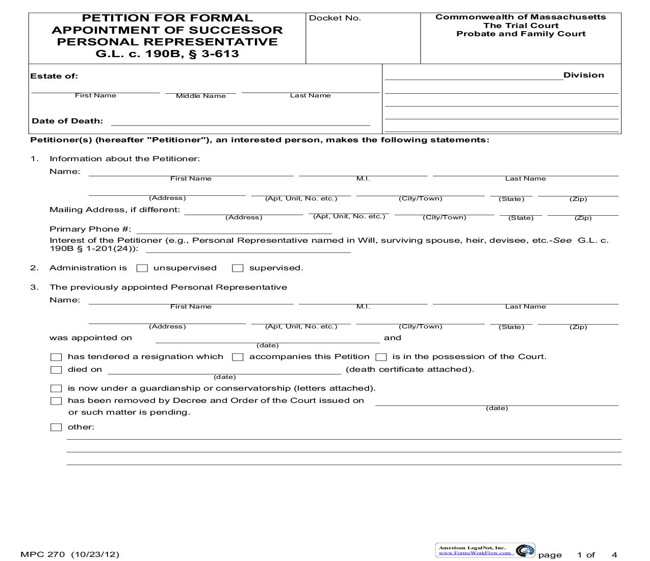 Petition For Formal Appointment Of Successor Personal Representative {MPC 270} | Pdf Fpdf Doc Docx | Massachusetts