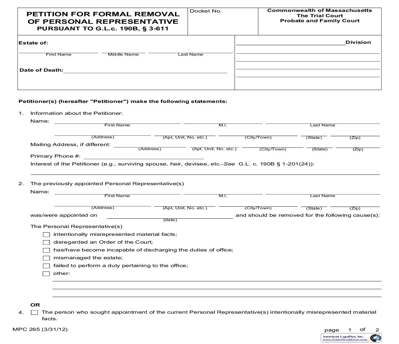 Petition For Formal Removal Of Personal Representative {MPC 265} | Pdf Fpdf Doc Docx | Massachusetts