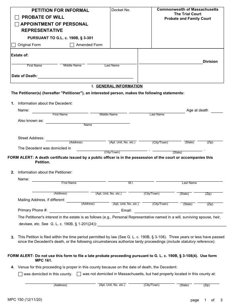 Petition For Informal {MPC 150} | Pdf Fpdf Doc Docx | Massachusetts