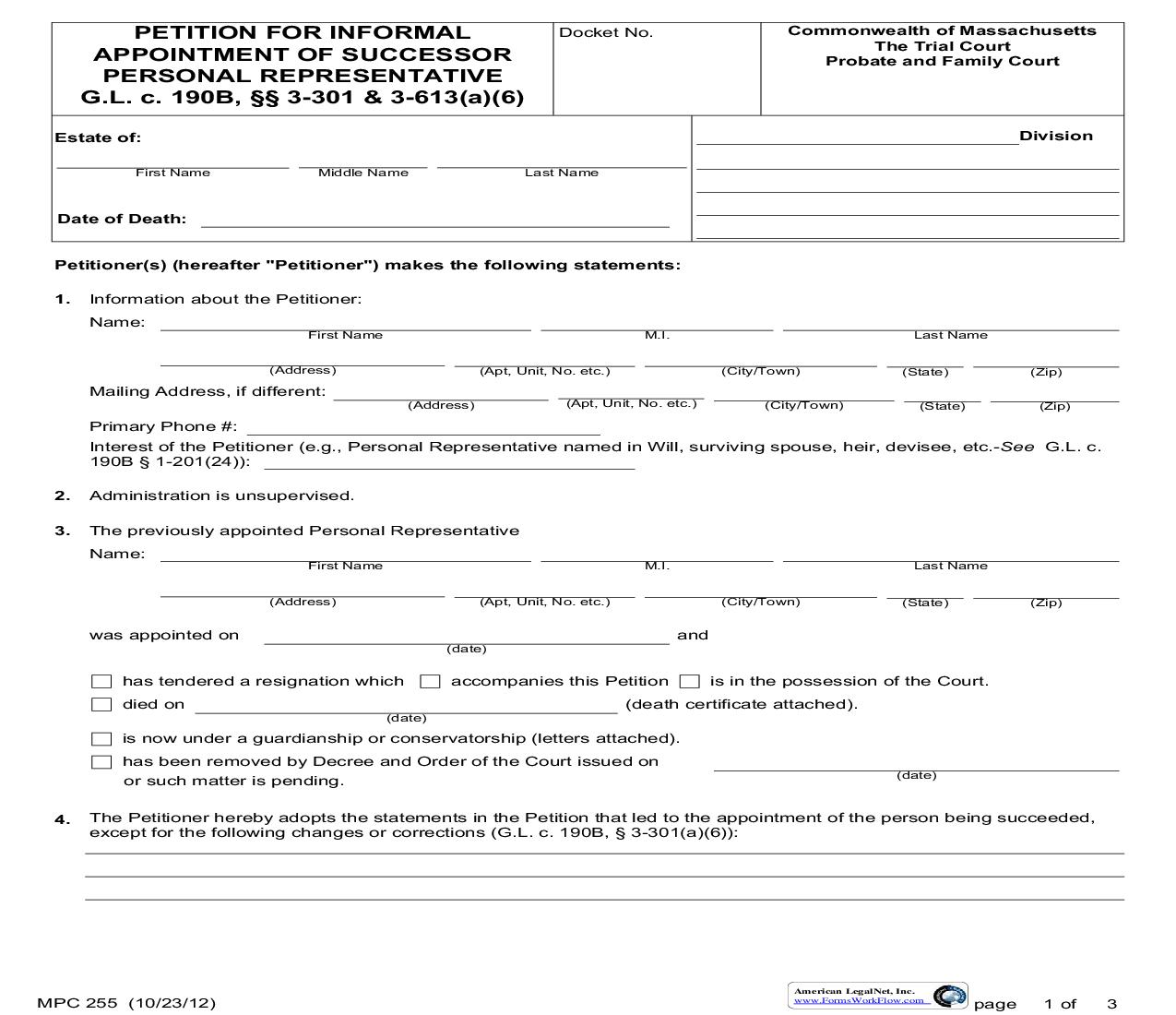 Petition For Informal Appointment Of Successor Personal Representative {MPC 255} | Pdf Fpdf Doc Docx | Massachusetts