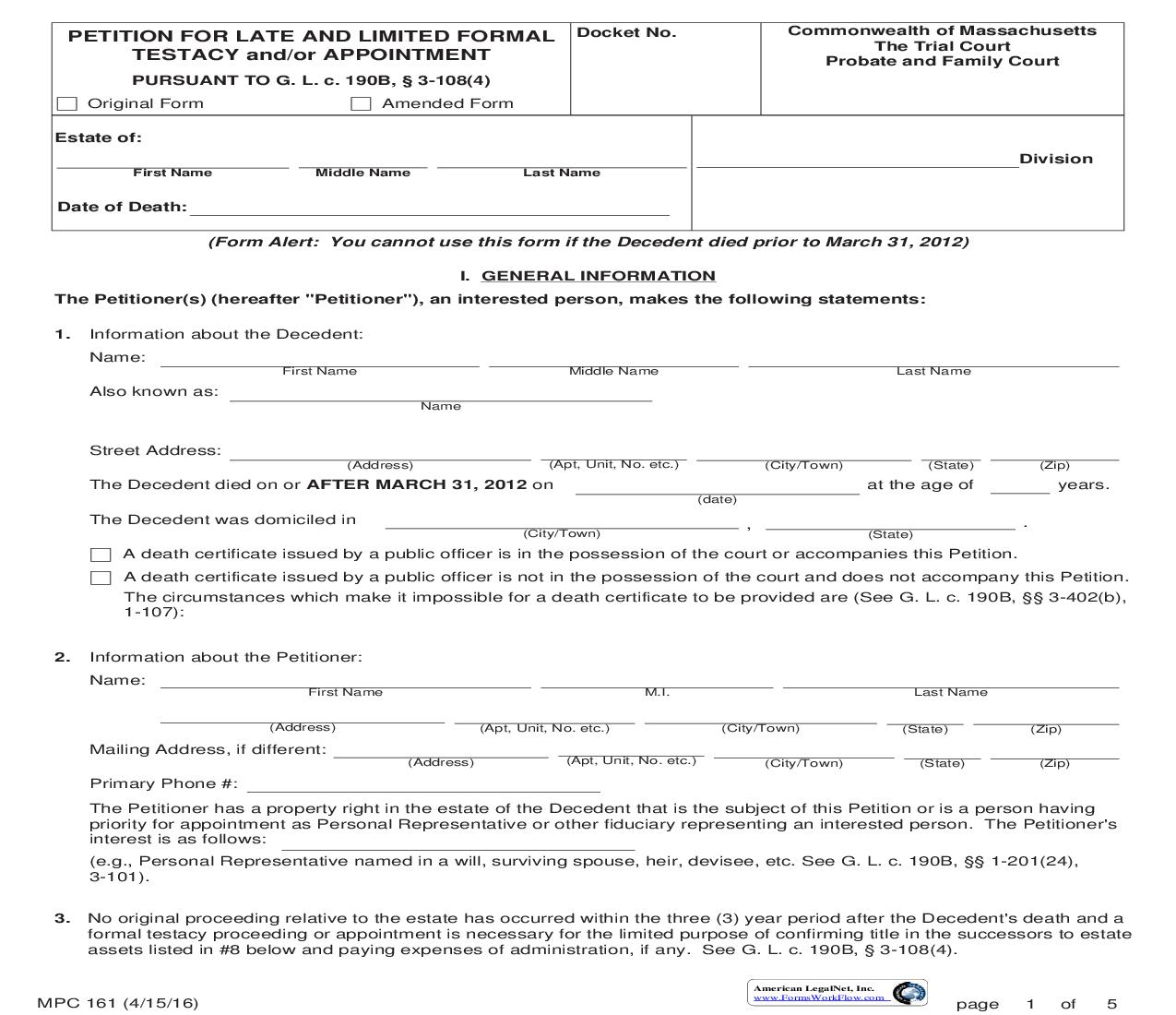 Petition For Late And Limited Formal Testacy And-Or Appointment {MPC 161} | Pdf Fpdf Doc Docx | Massachusetts