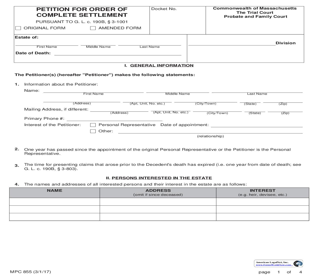 Petition For Order Of Complete Settlement {MPC 855} | Pdf Fpdf Doc Docx | Massachusetts