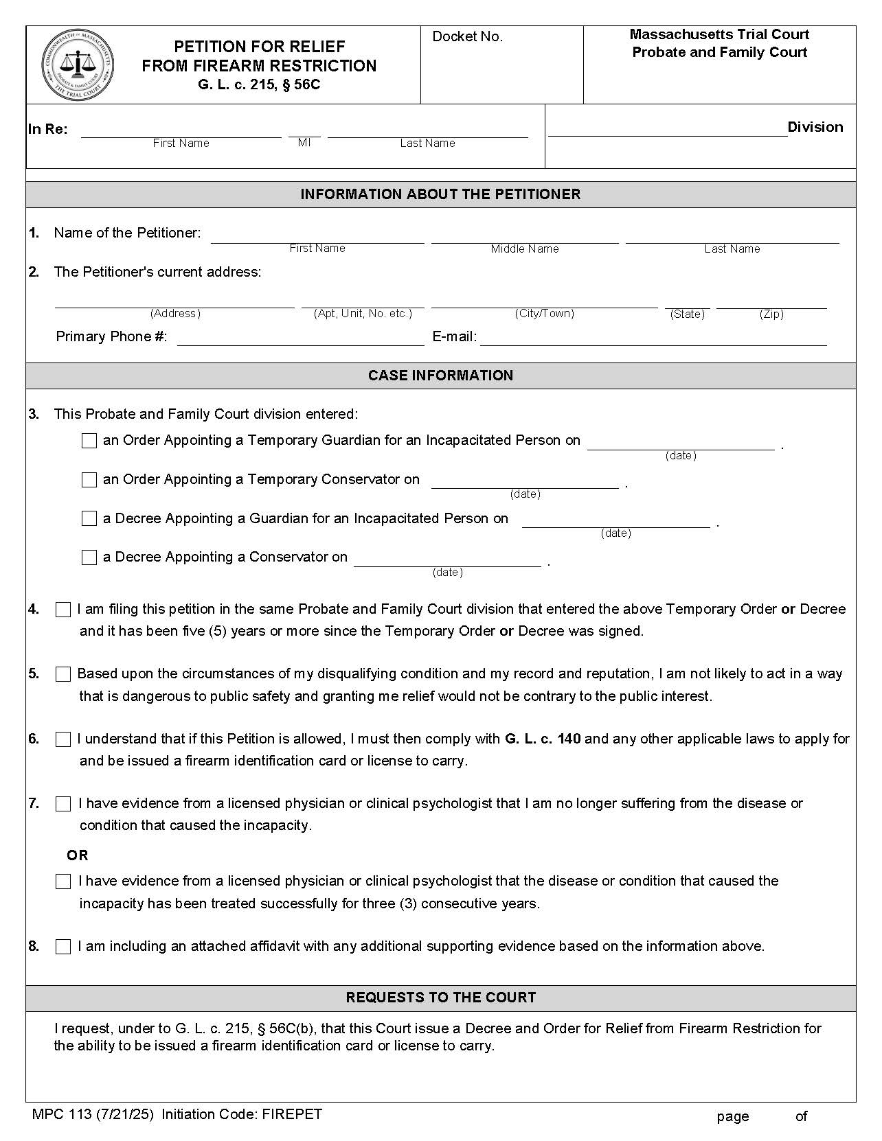 Petition For Relief From Firearm Restriction {MPC 113} | Pdf Fpdf Docx | Massachusetts