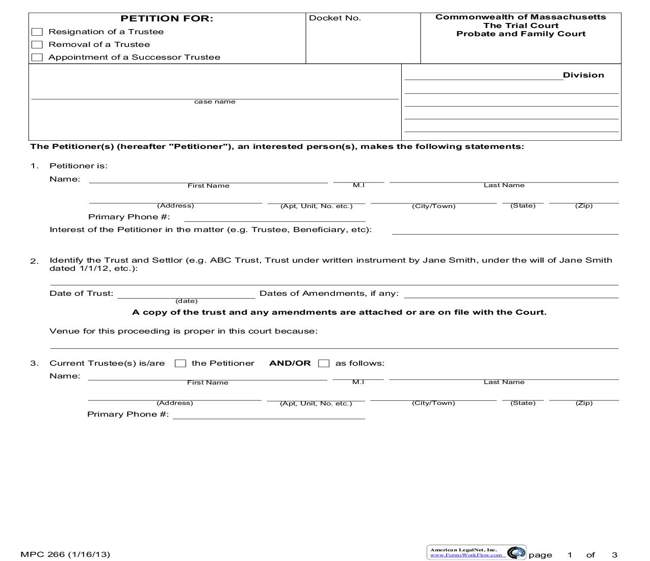 Petition For Resignation Removal Appointment Of Successor Trustee {MPC 266} | Pdf Fpdf Doc Docx | Massachusetts