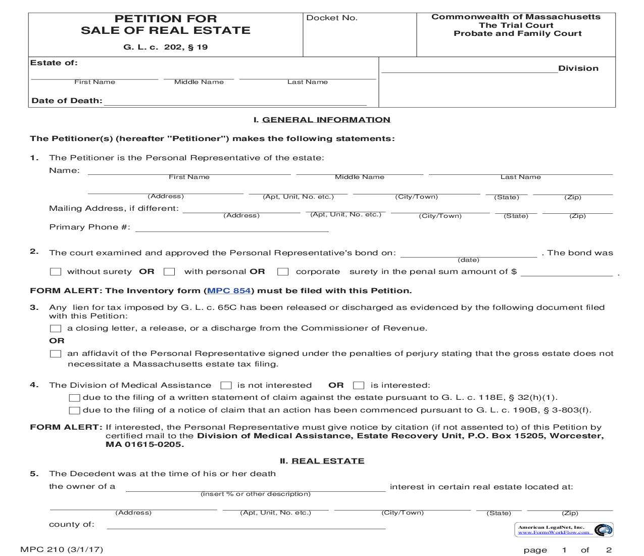 Petition For Sale Of Real Estate {MPC 210} | Pdf Fpdf Doc Docx | Massachusetts