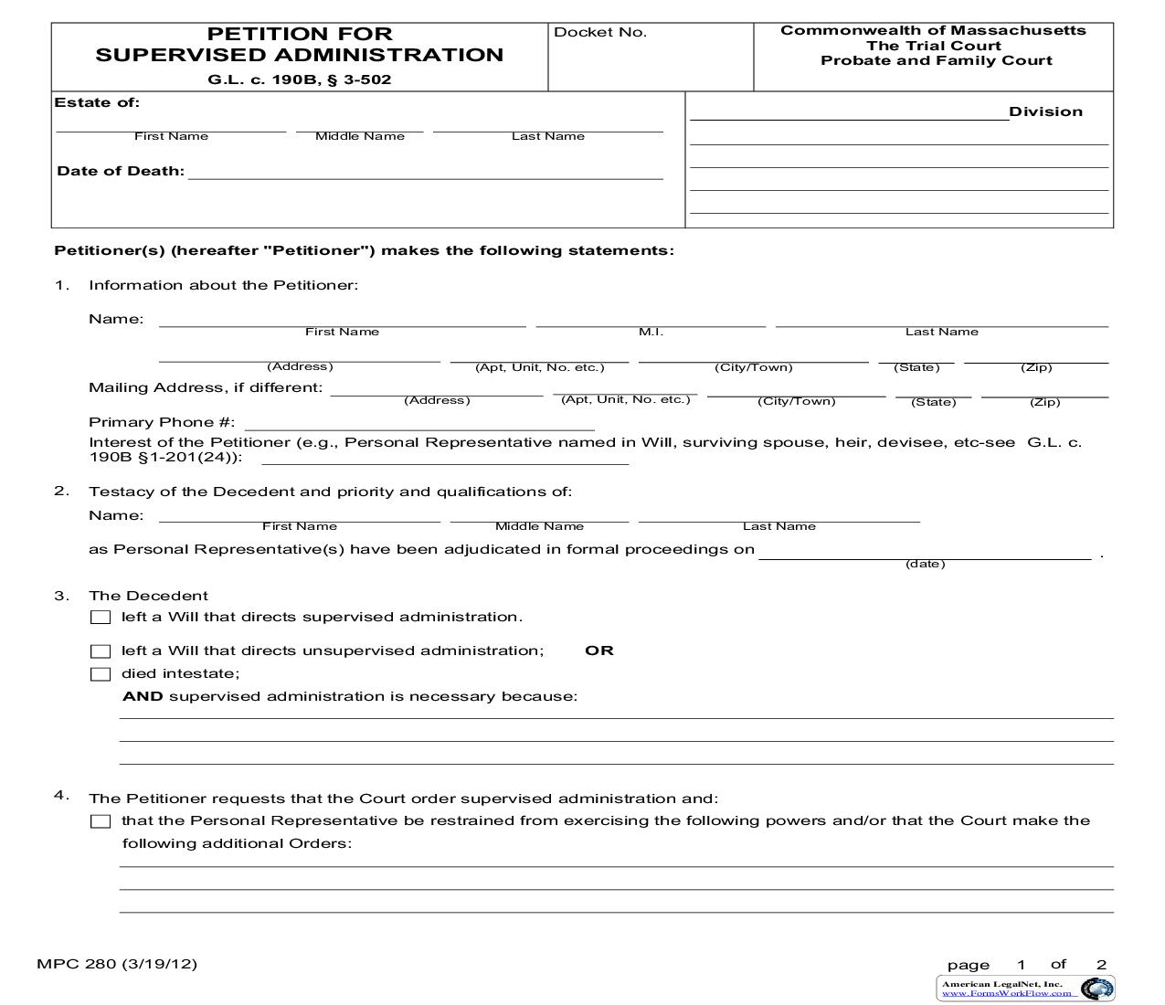 Petition For Supervised Administration {MPC 280} | Pdf Fpdf Doc Docx | Massachusetts