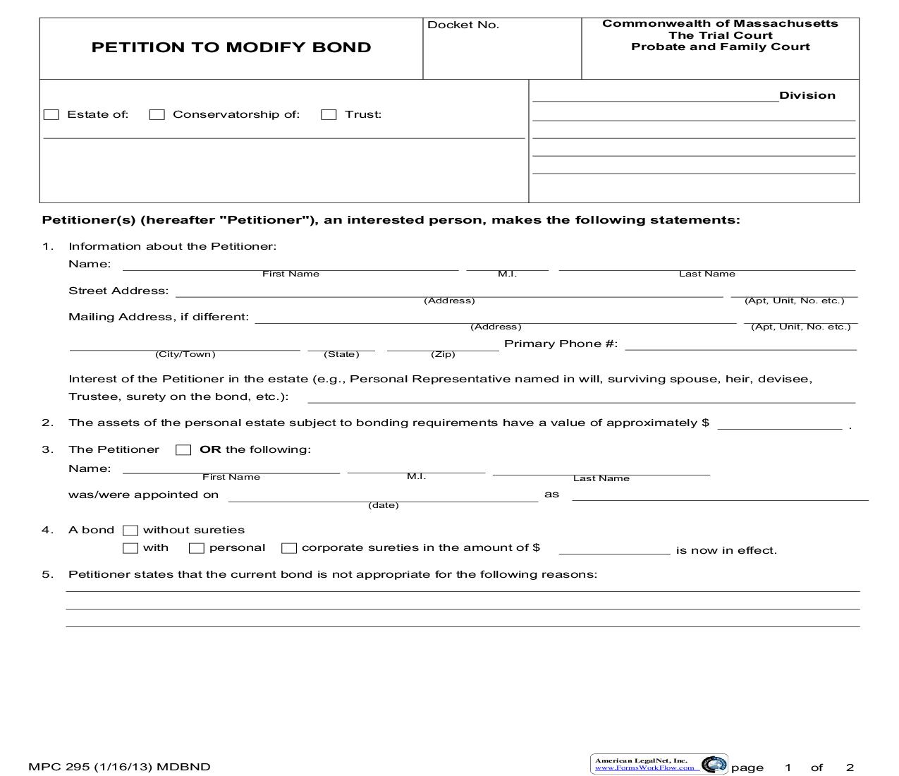 Petition To Modify Bond {MPC 295} | Pdf Fpdf Doc Docx | Massachusetts