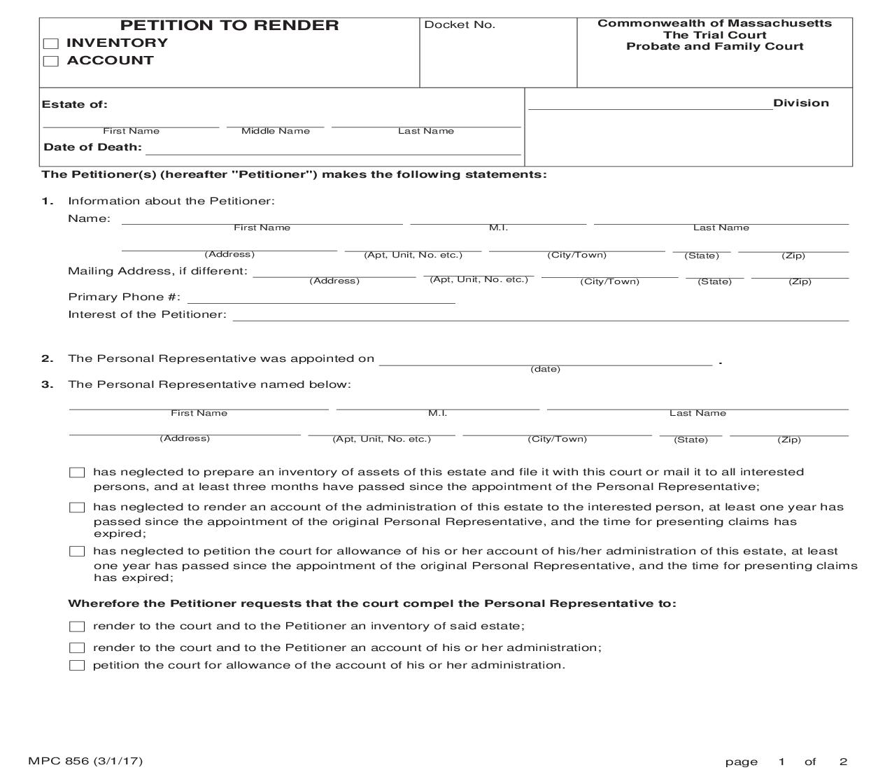 Petition To Render {MPC 856} | Pdf Fpdf Doc Docx | Massachusetts