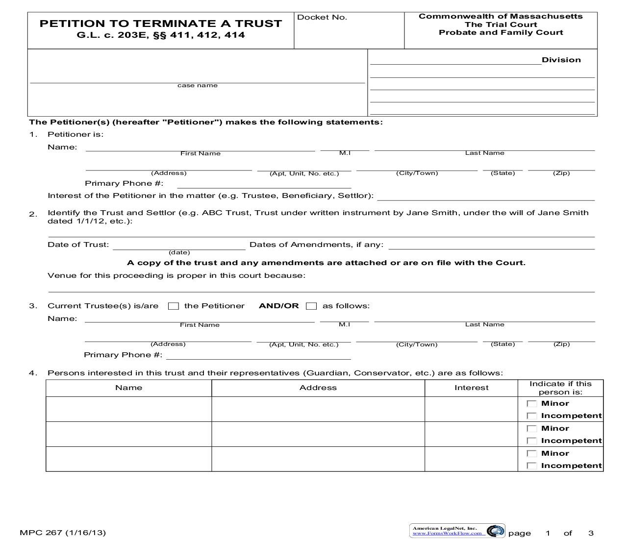 Petition To Terminate A Trust {MPC 267} | Pdf Fpdf Doc Docx | Massachusetts