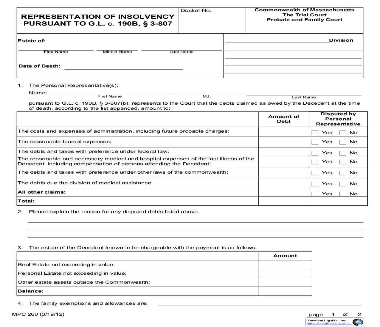 Representation Of Insolvency {MPC 260} | Pdf Fpdf Doc Docx | Massachusetts
