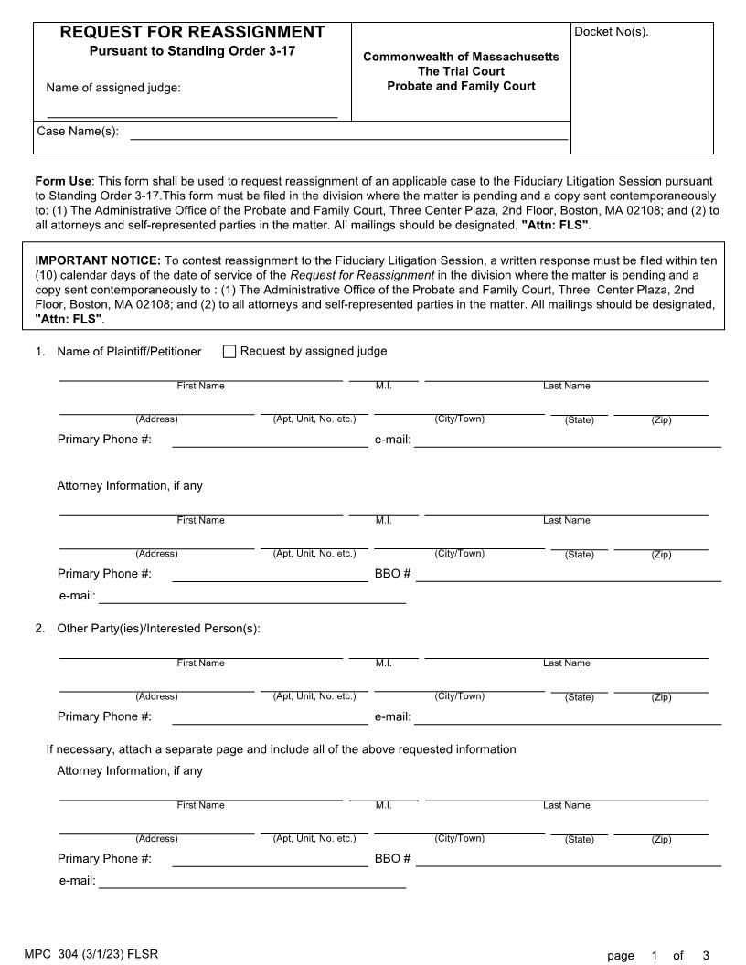 Request For Reassignment Pursuant To Standing Order 3-17 {MPC 304} | Pdf Fpdf Docx | Massachusetts