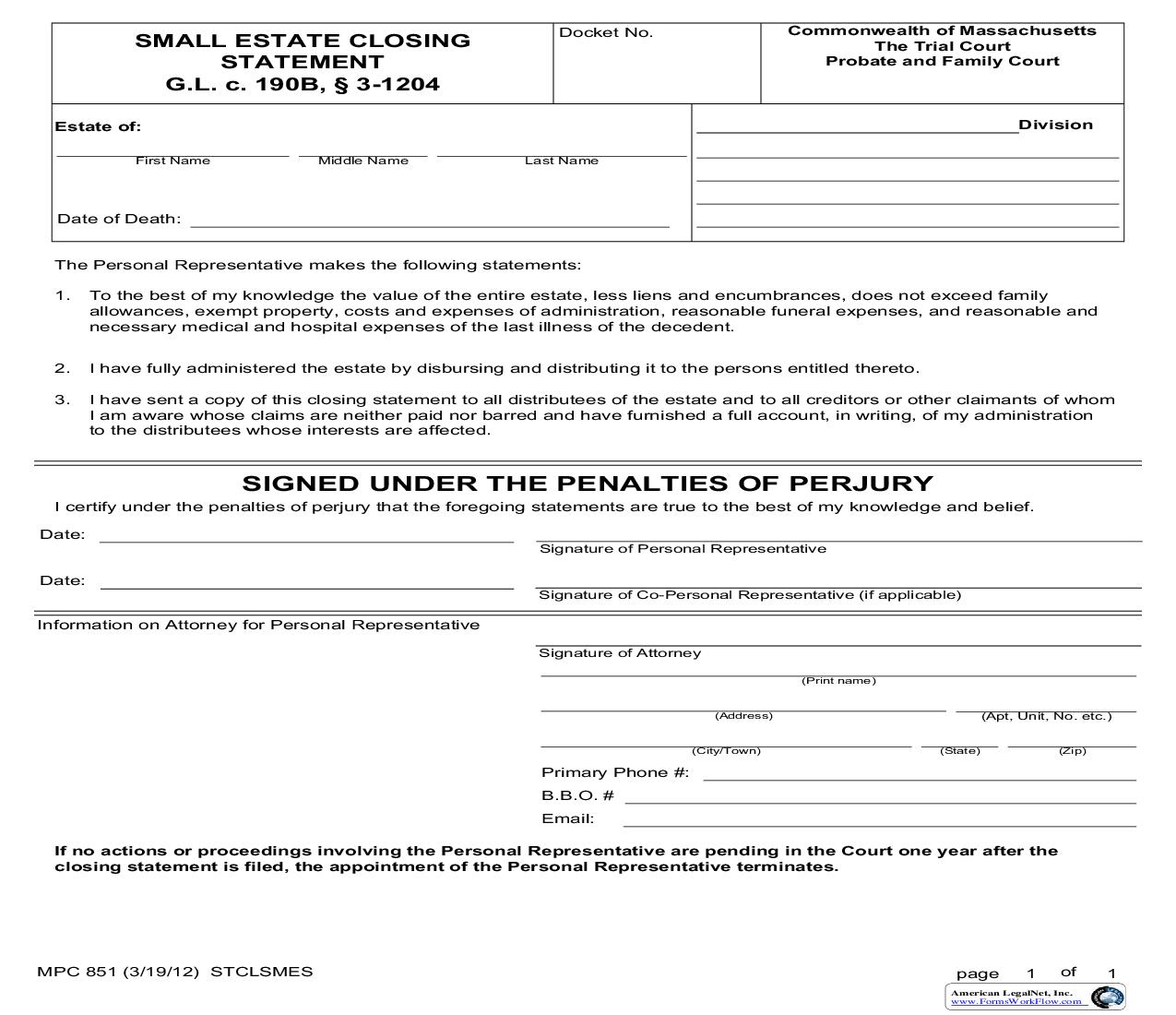 Small Estate Closing Statement {MPC 851} | Pdf Fpdf Doc Docx | Massachusetts