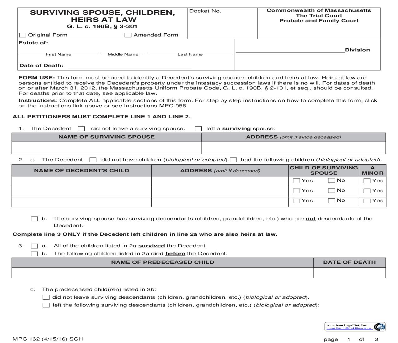 Surviving Spouse Children Heirs At Law {MPC 162} | Pdf Fpdf Doc Docx | Massachusetts