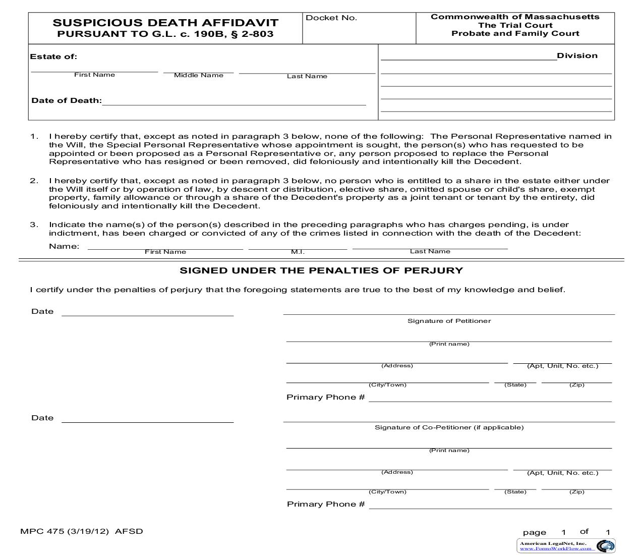 Suspicious Death Affidavit {MPC 475} | Pdf Fpdf Doc Docx | Massachusetts