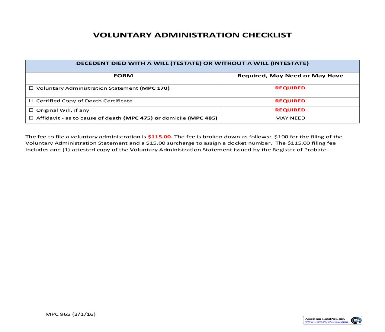 Voluntary Administration Checklist {MPC 965} | Pdf Fpdf Doc Docx | Massachusetts