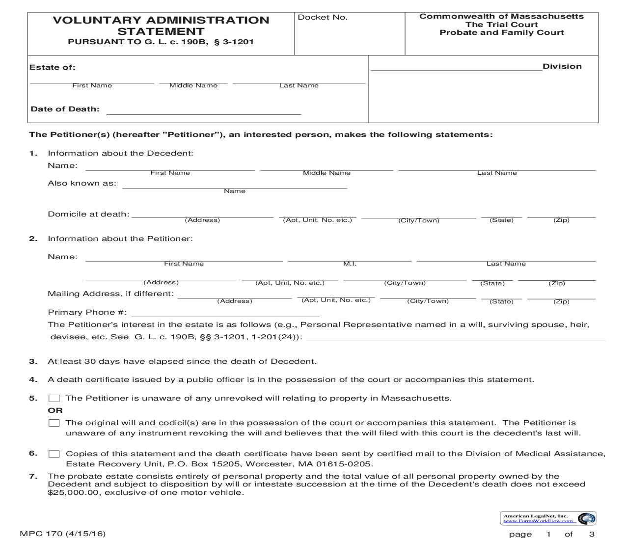 Voluntary Administration Statement {MPC 170} | Pdf Fpdf Doc Docx | Massachusetts