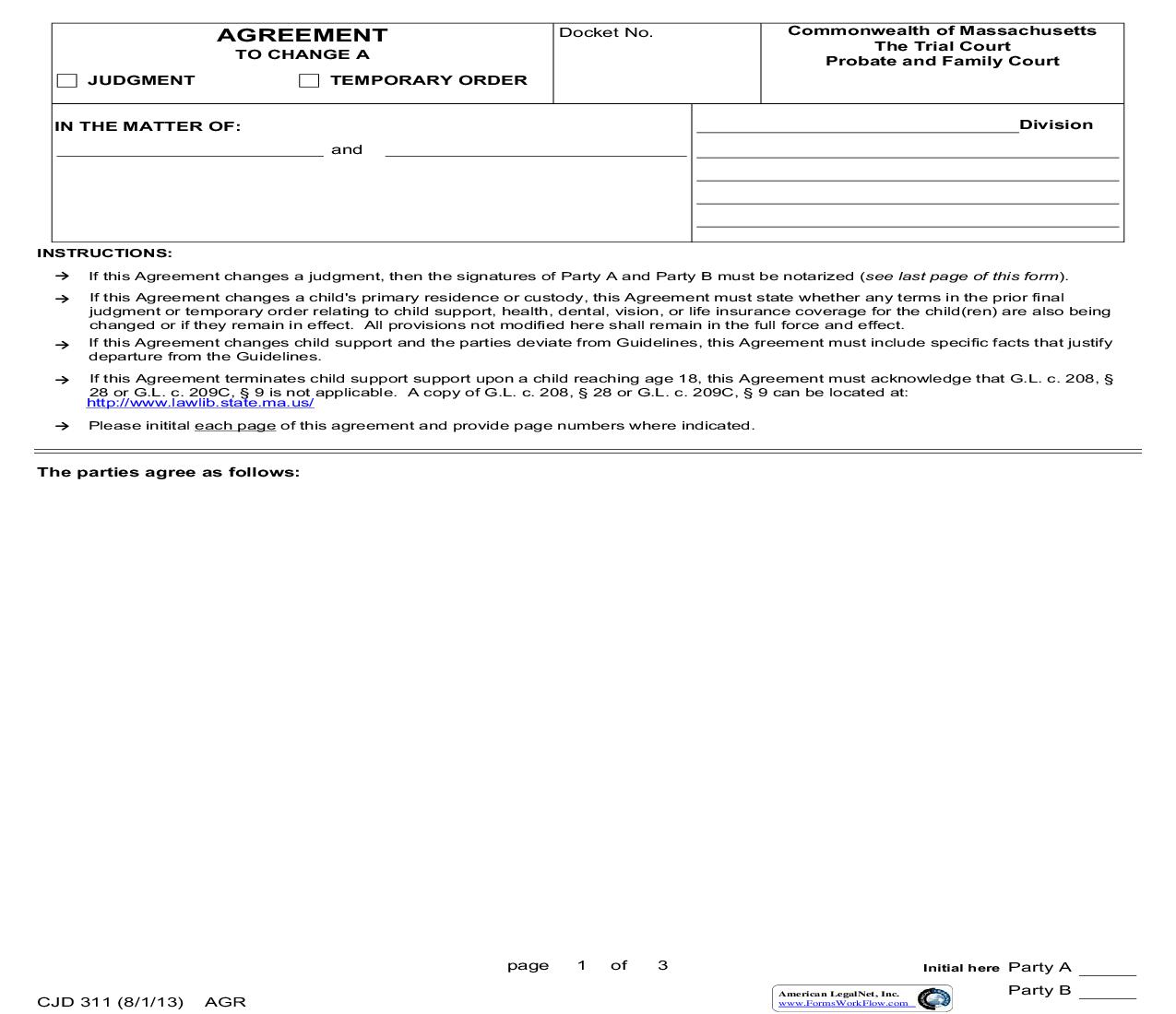 Agreement To Change A Judgment-Temporary Order {CJD 311} | Pdf Fpdf Doc Docx | Massachusetts