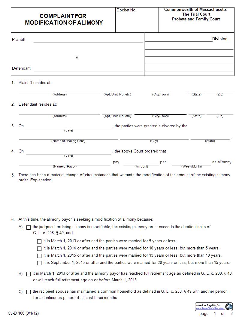 Complaint For Modification Of Alimony {CJD 108} | Pdf Fpdf Docx | Massachusetts
