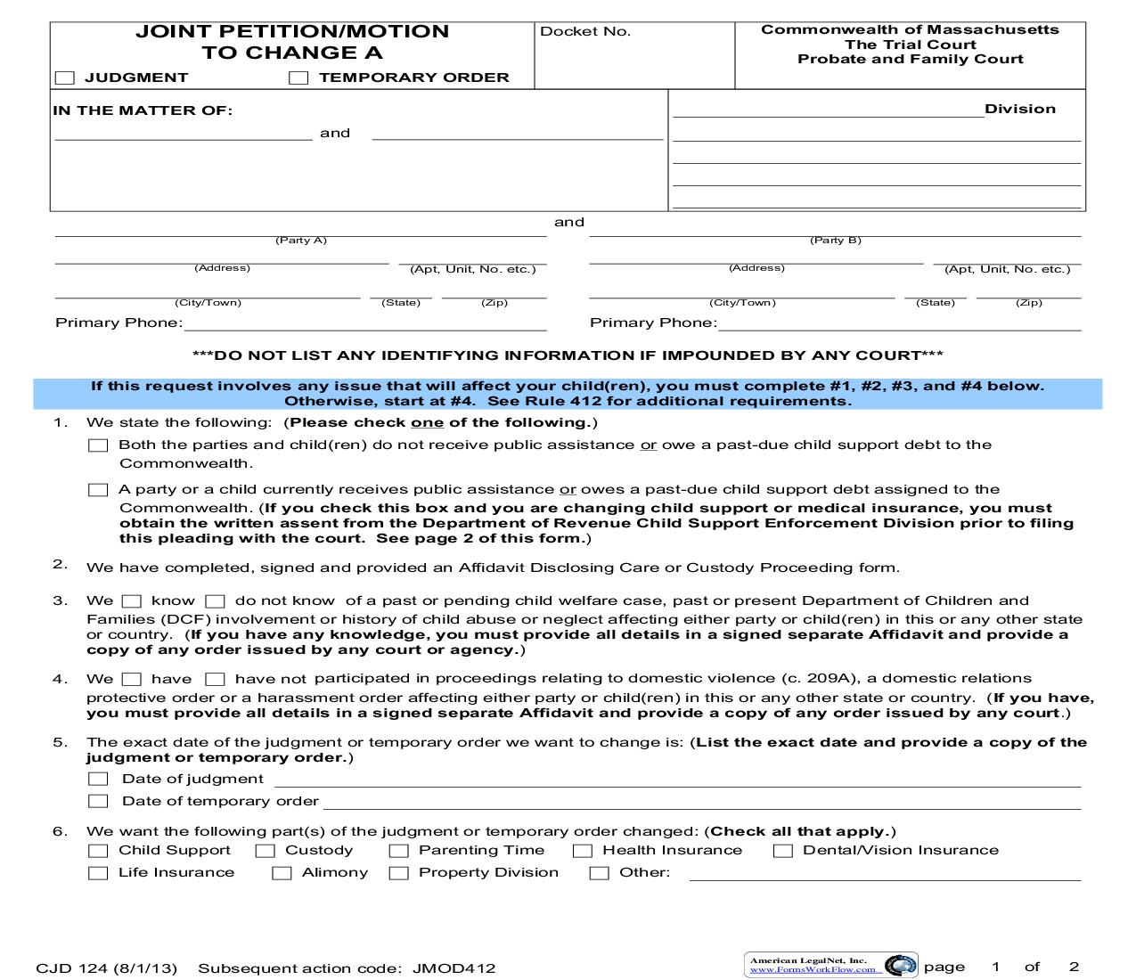 Joint Petition-Motion To Change A Judgment-Temporary Order {CJD 124} | Pdf Fpdf Doc Docx | Massachusetts
