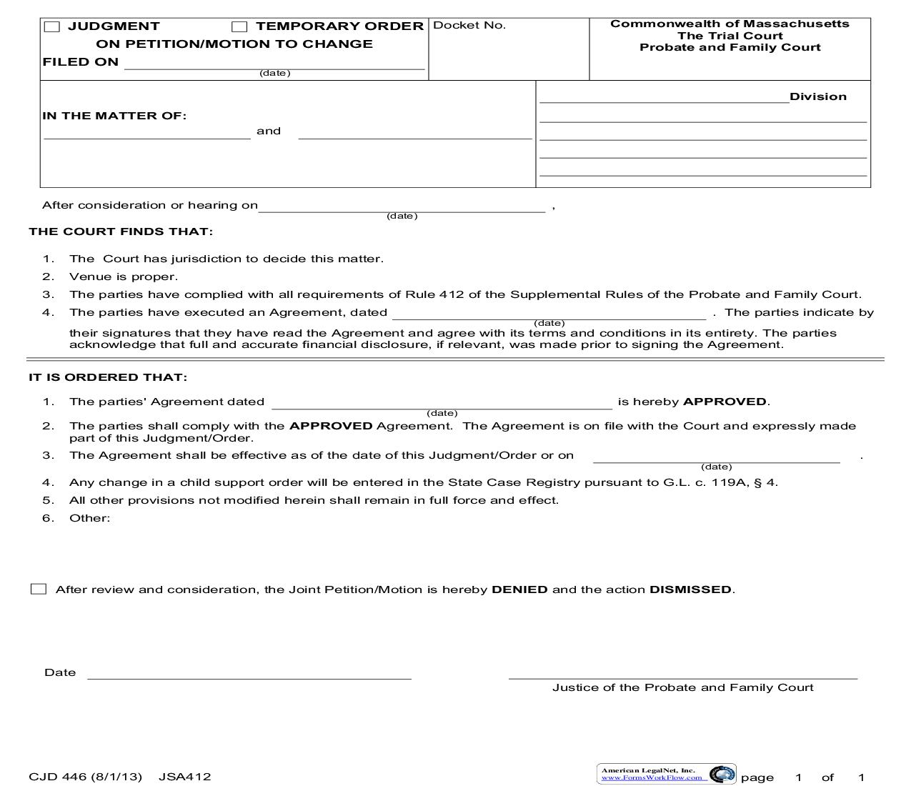 Judgment-Temporary Order On Petition-Motion To Change {CJD 446} | Pdf Fpdf Doc Docx | Massachusetts