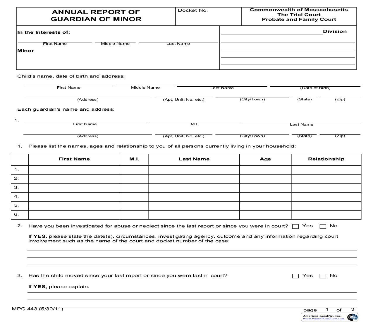 Annual Report Of Guardian Of Minor {MPC 443} | Pdf Fpdf Doc Docx | Massachusetts