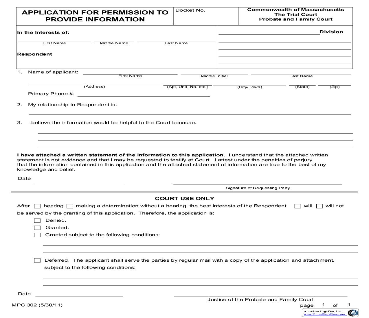 Application For Permission To Provide Information {MPC 302} | Pdf Fpdf Doc Docx | Massachusetts
