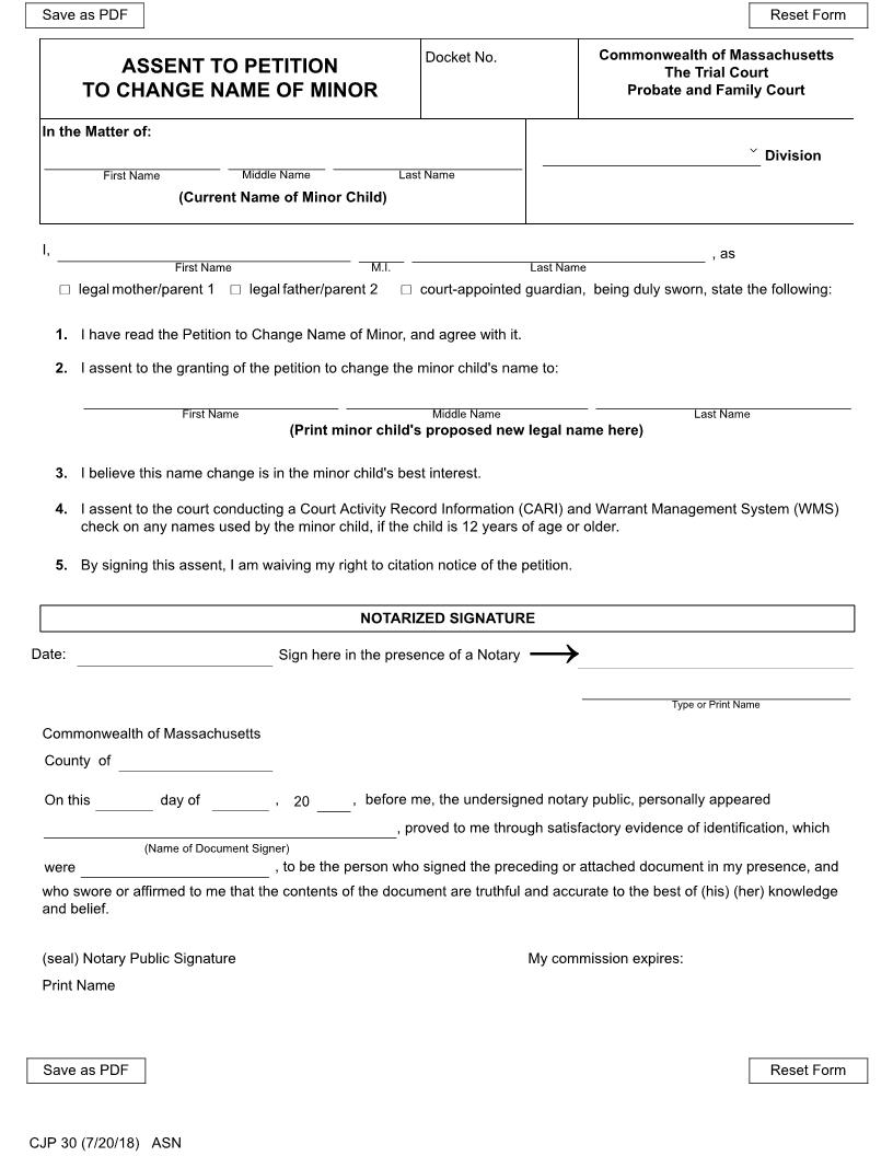 Assent To Petition To Change Name Of Minor {CJP 30} | Pdf Fpdf Docx | Massachusetts