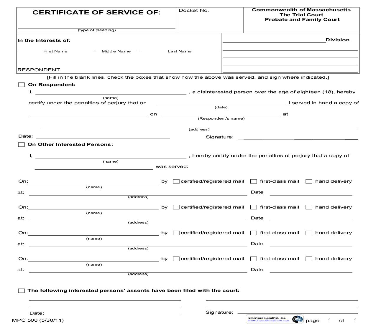 Certificate Of Service {MPC 500} | Pdf Fpdf Doc Docx | Massachusetts