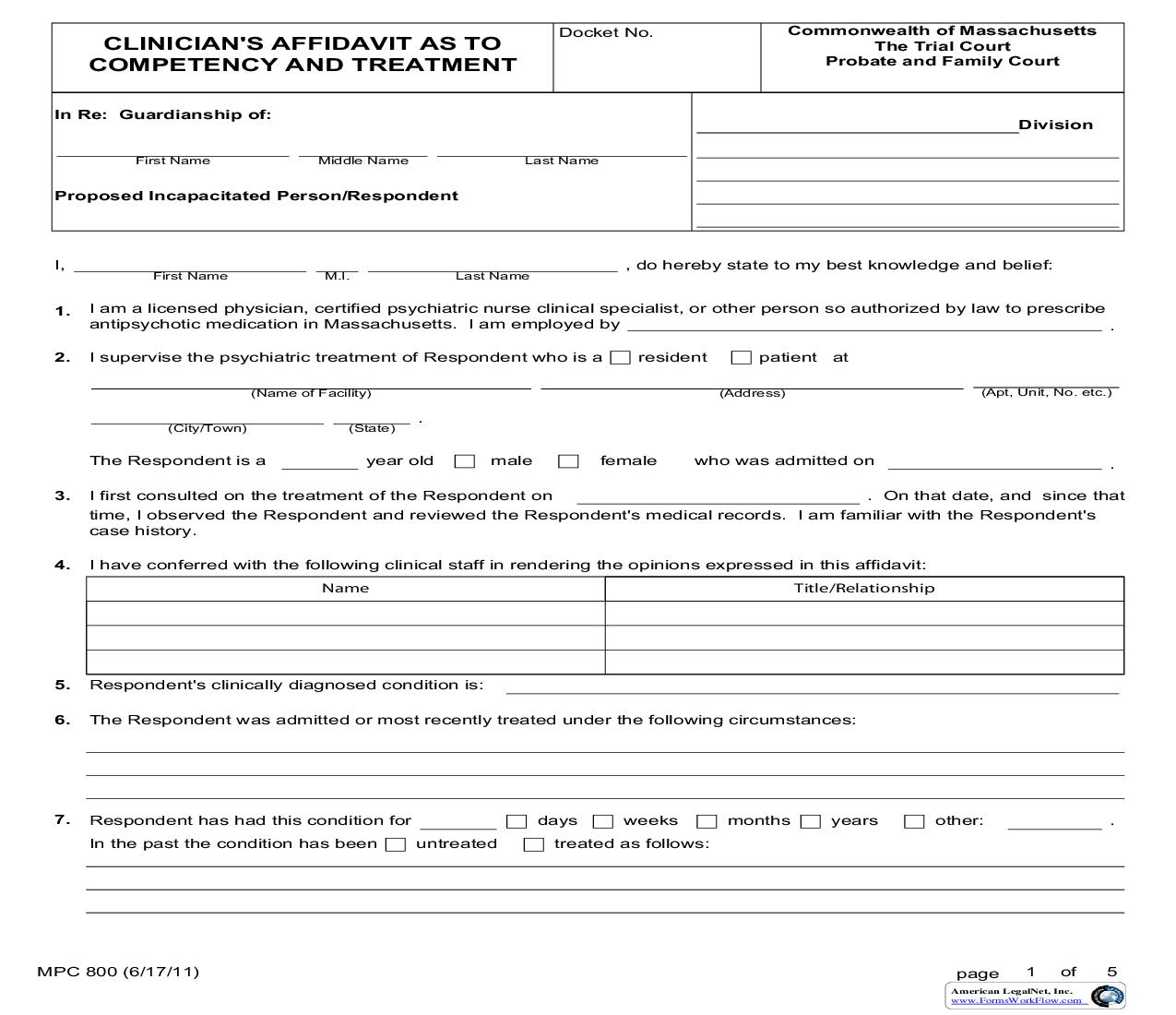 Clinicians Affidavit As To Competency And Treatment {MPC 800} | Pdf Fpdf Doc Docx | Massachusetts