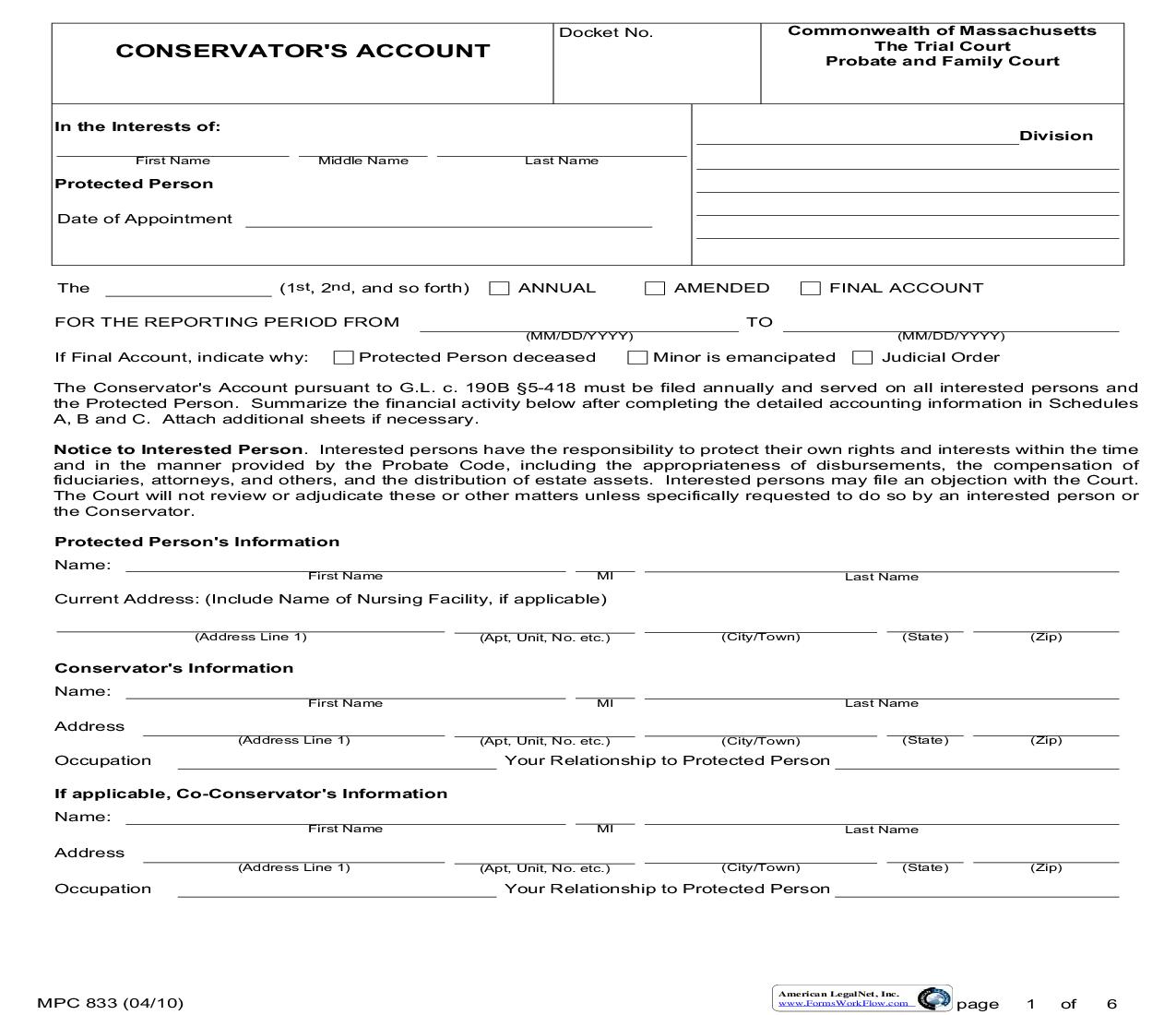 Conservators Account {MPC 833} | Pdf Fpdf Doc Docx | Massachusetts