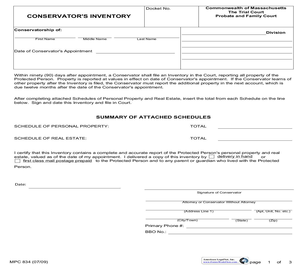 Conservators Inventory {MPC 834} | Pdf Fpdf Doc Docx | Massachusetts