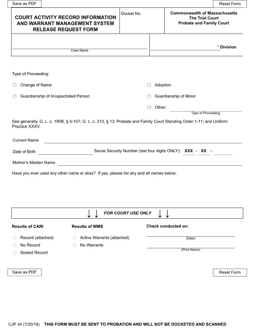 Court Actvity Record Information And Warrant Management System Release Request {CJP 34} | Pdf Fpdf Docx | Massachusetts
