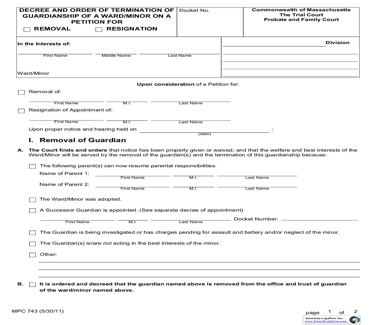 Decree And Order For Termination-Resignation-Removal Of Guardian Of A Minor {MPC 743} | Pdf Fpdf Doc Docx | Massachusetts