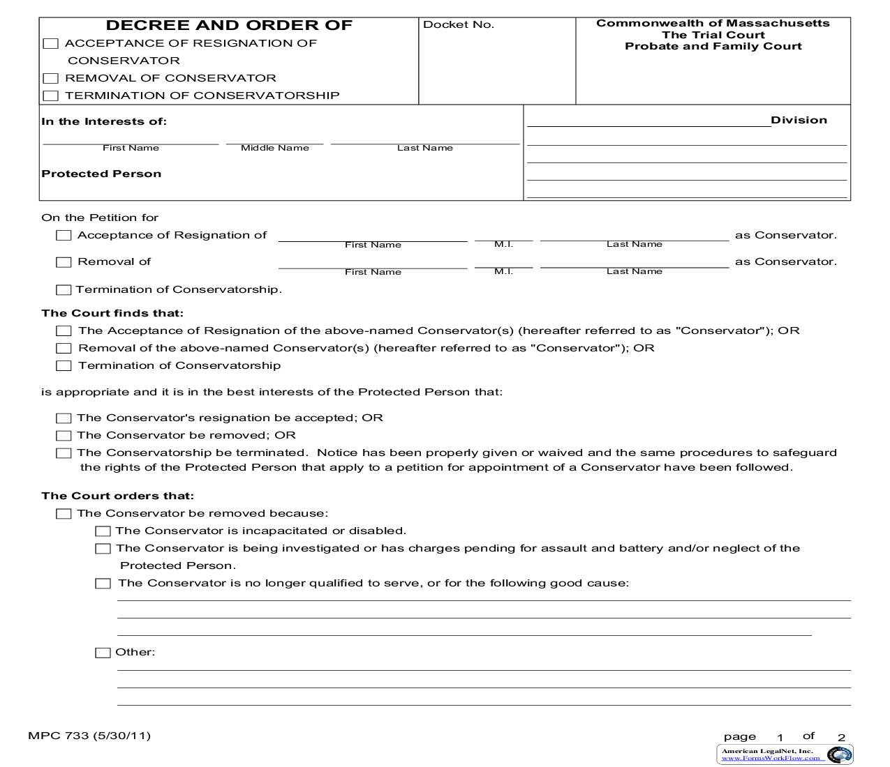 Decree And Order Of Acceptance Of Resignation Of Conservator-Removal Of Conservator {MPC 733} | Pdf Fpdf Doc Docx | Massachusetts