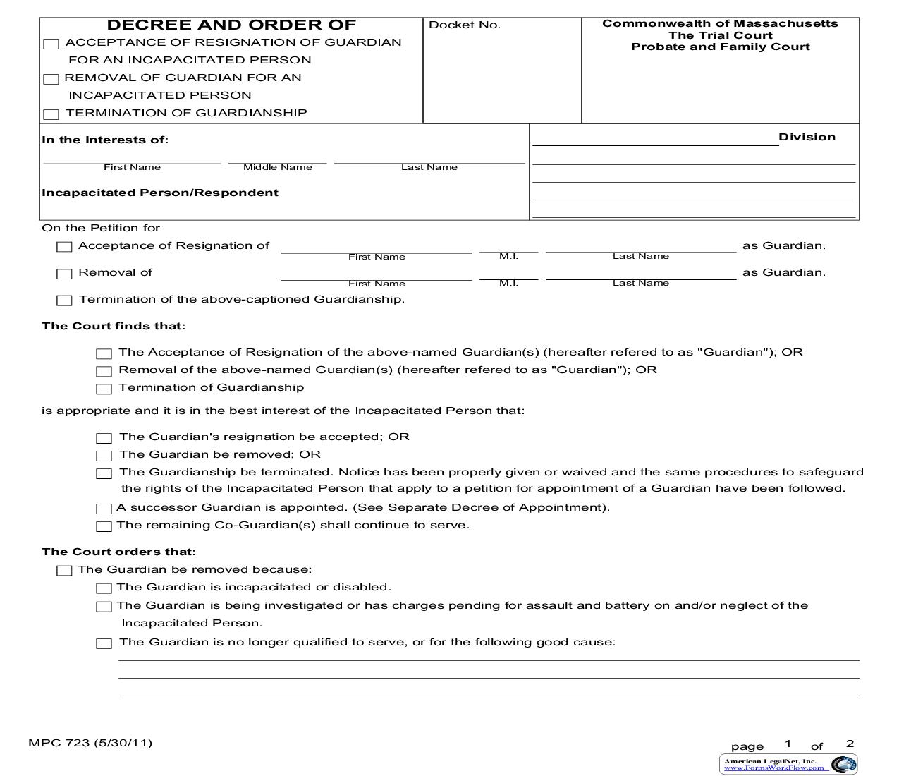 Decree And Order Of Acceptance Of Resignation Of Guardian For An Incapacitated Person {MPC 723} | Pdf Fpdf Doc Docx | Massachusetts