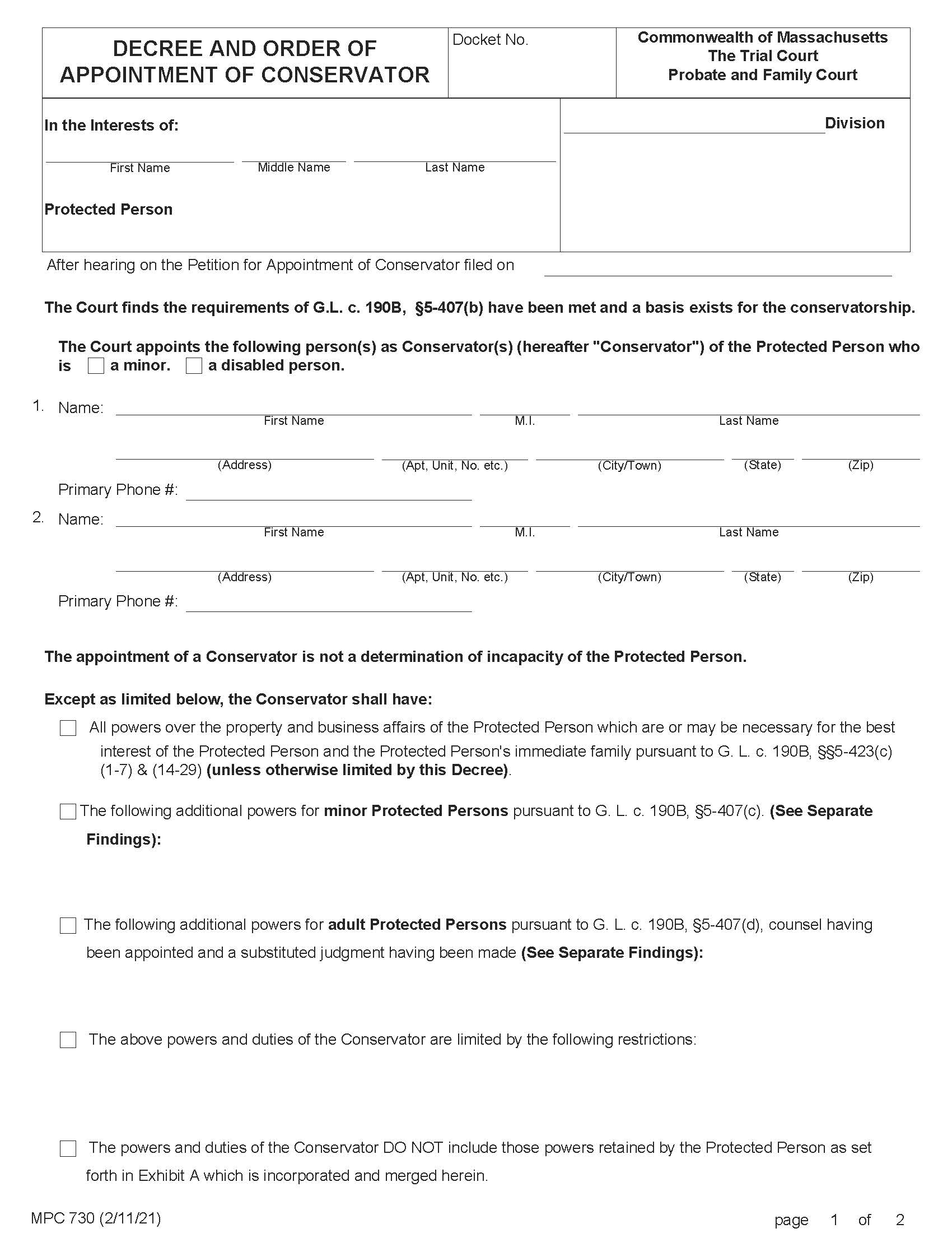 Decree And Order Of Appointment Of Conservator {MPC 730} | Pdf Fpdf Doc Docx | Massachusetts