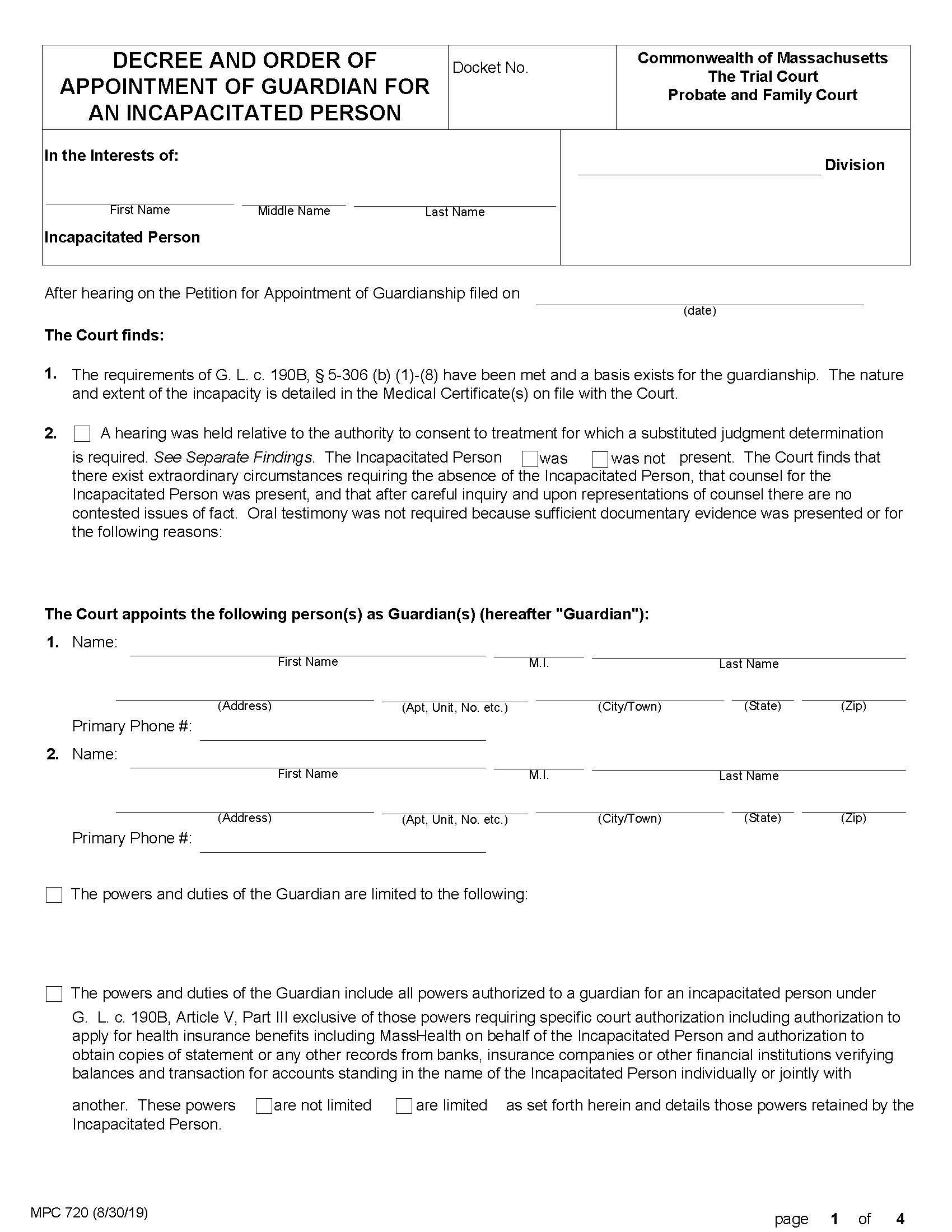 Decree And Order Of Appointment Of Guardian For An Incapacitated Person {MPC 720} | Pdf Fpdf Doc Docx | Massachusetts