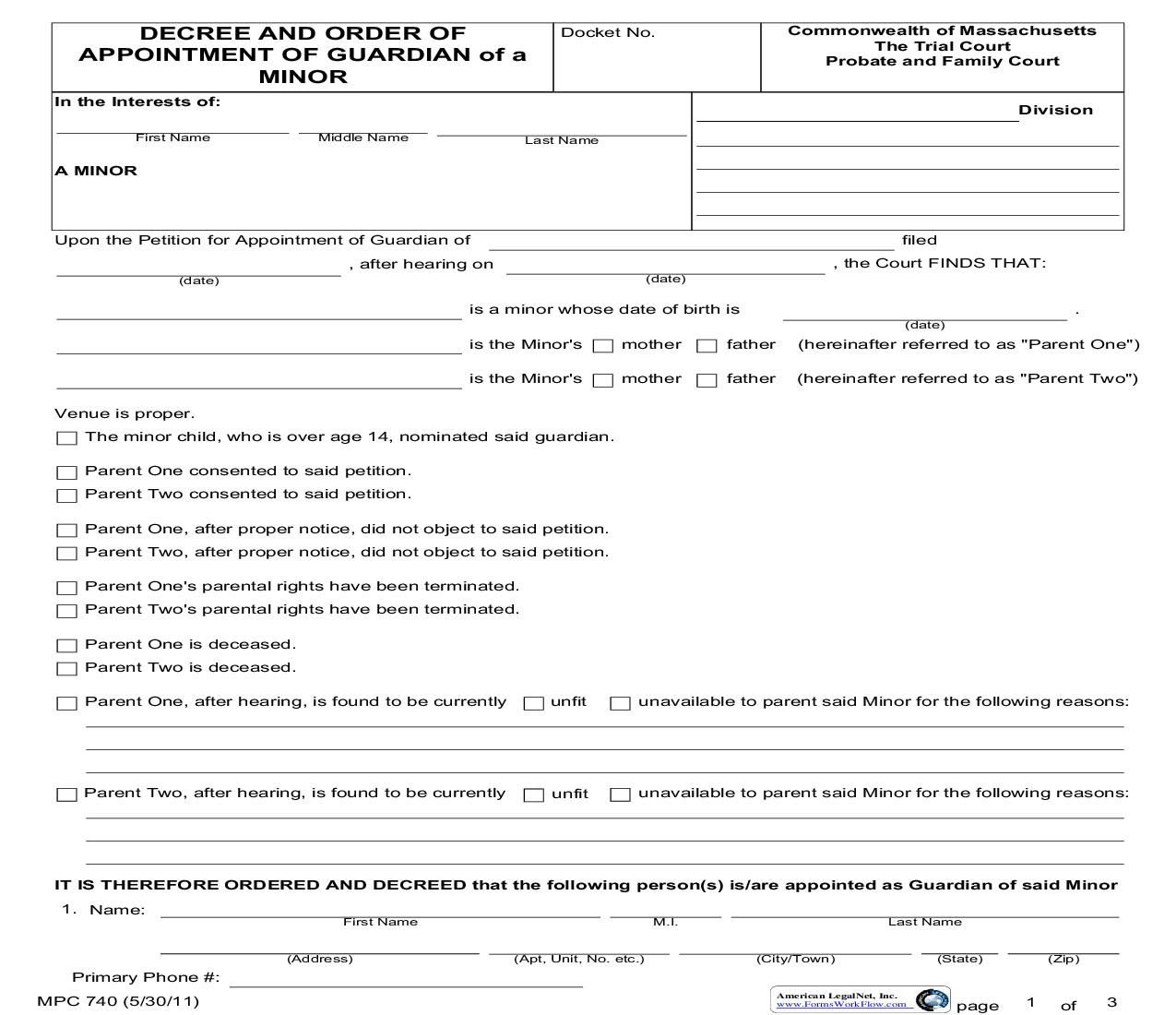 Decree And Order Of Appointment Of Guardian Of Minor {MPC 740} | Pdf Fpdf Doc Docx | Massachusetts