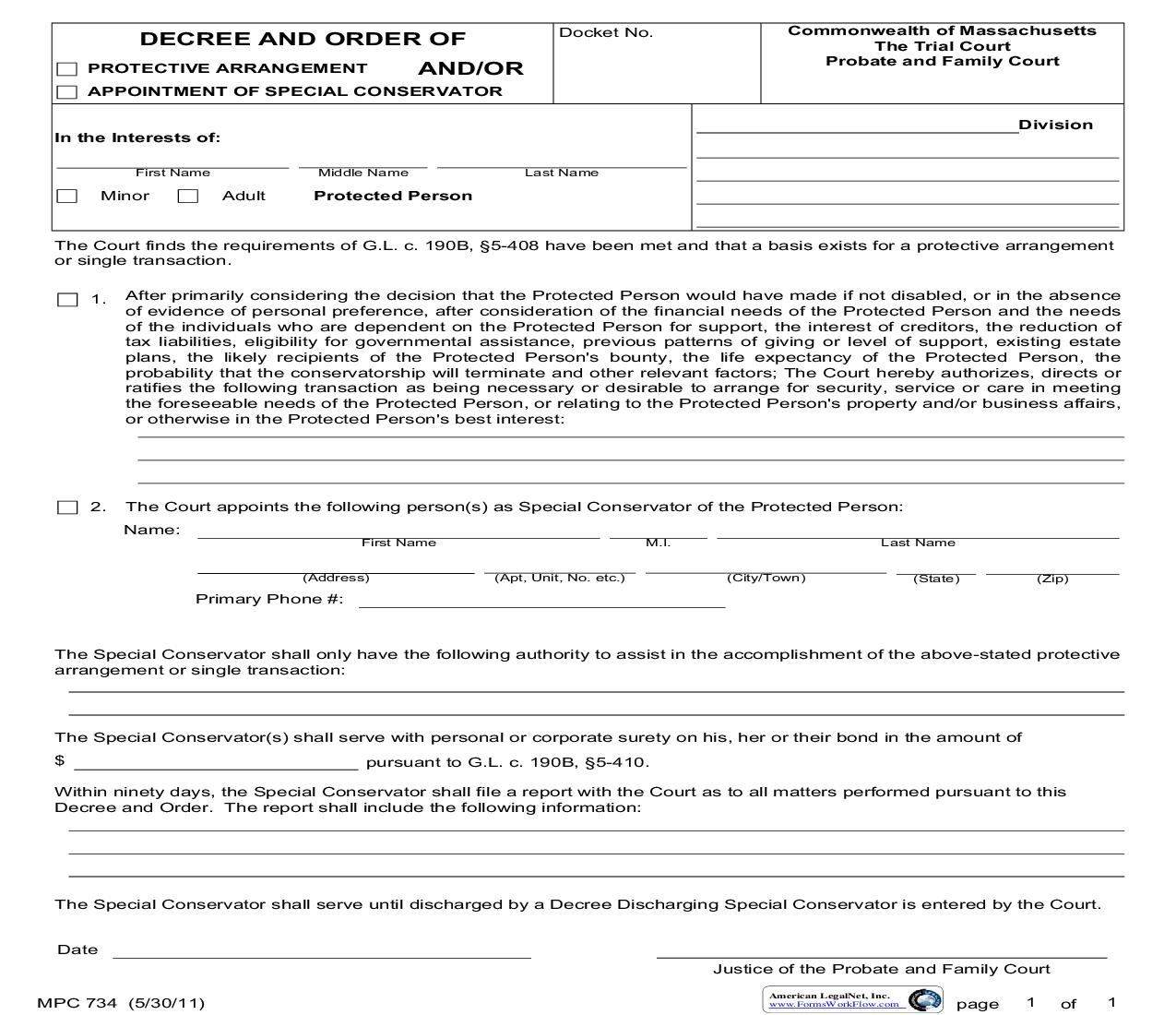 Decree And Order Of Protective Arrangement And-Or Appointment Of Special Conservator {MPC 734} | Pdf Fpdf Doc Docx | Massachusetts