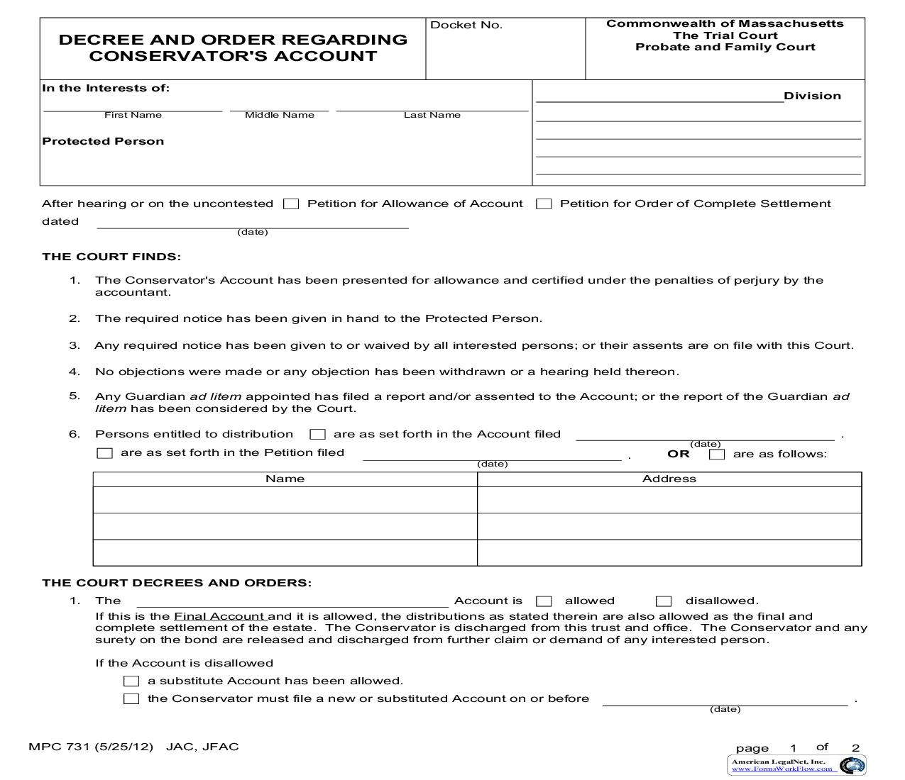 Decree And Order Regarding Conservators Account {MPC 731} | Pdf Fpdf Doc Docx | Massachusetts