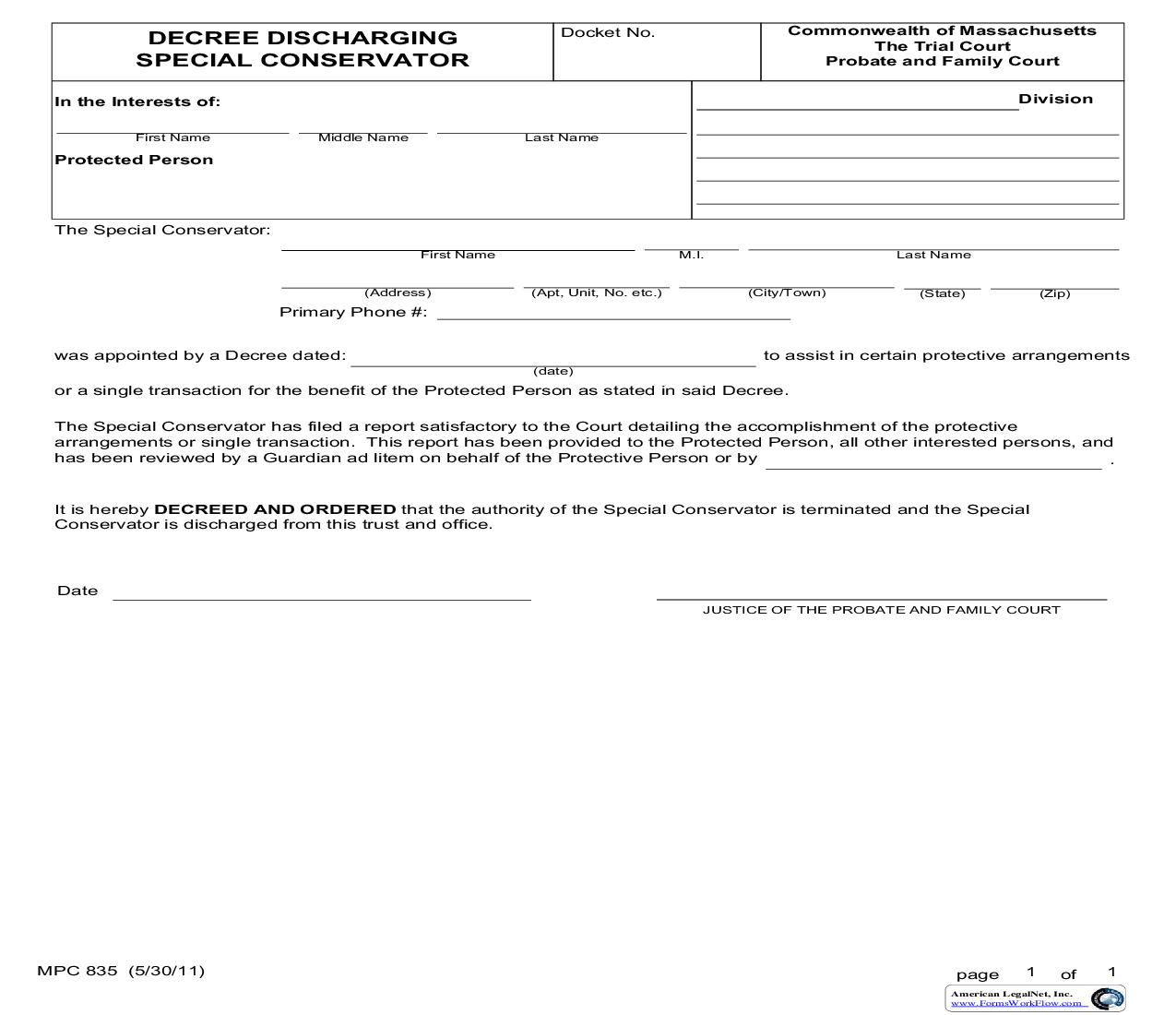 Decree Discharging Special Conservator {MPC 835} | Pdf Fpdf Doc Docx | Massachusetts