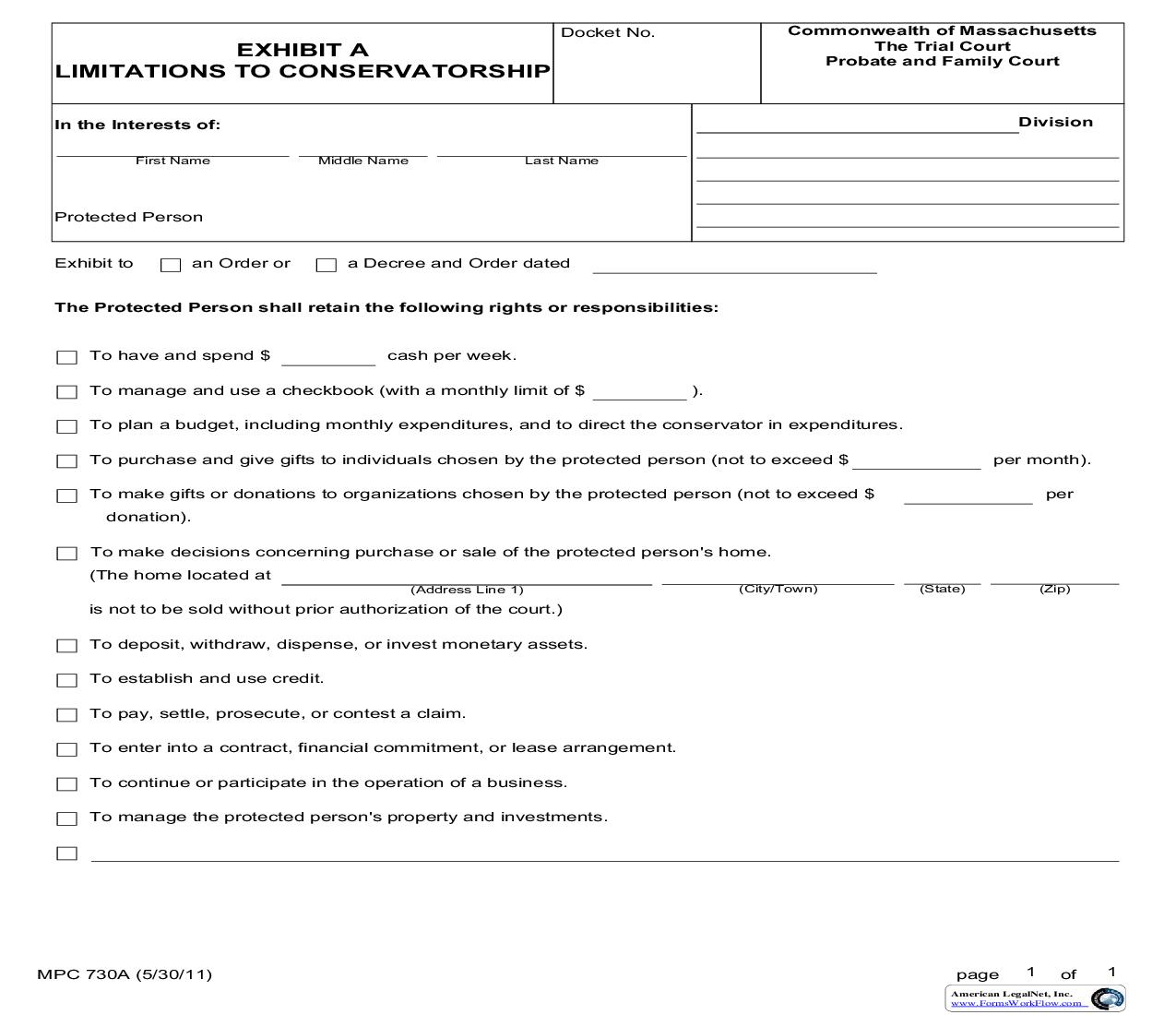 Exhibit A Limitations To Conservatorship {MPC 730A} | Pdf Fpdf Doc Docx | Massachusetts