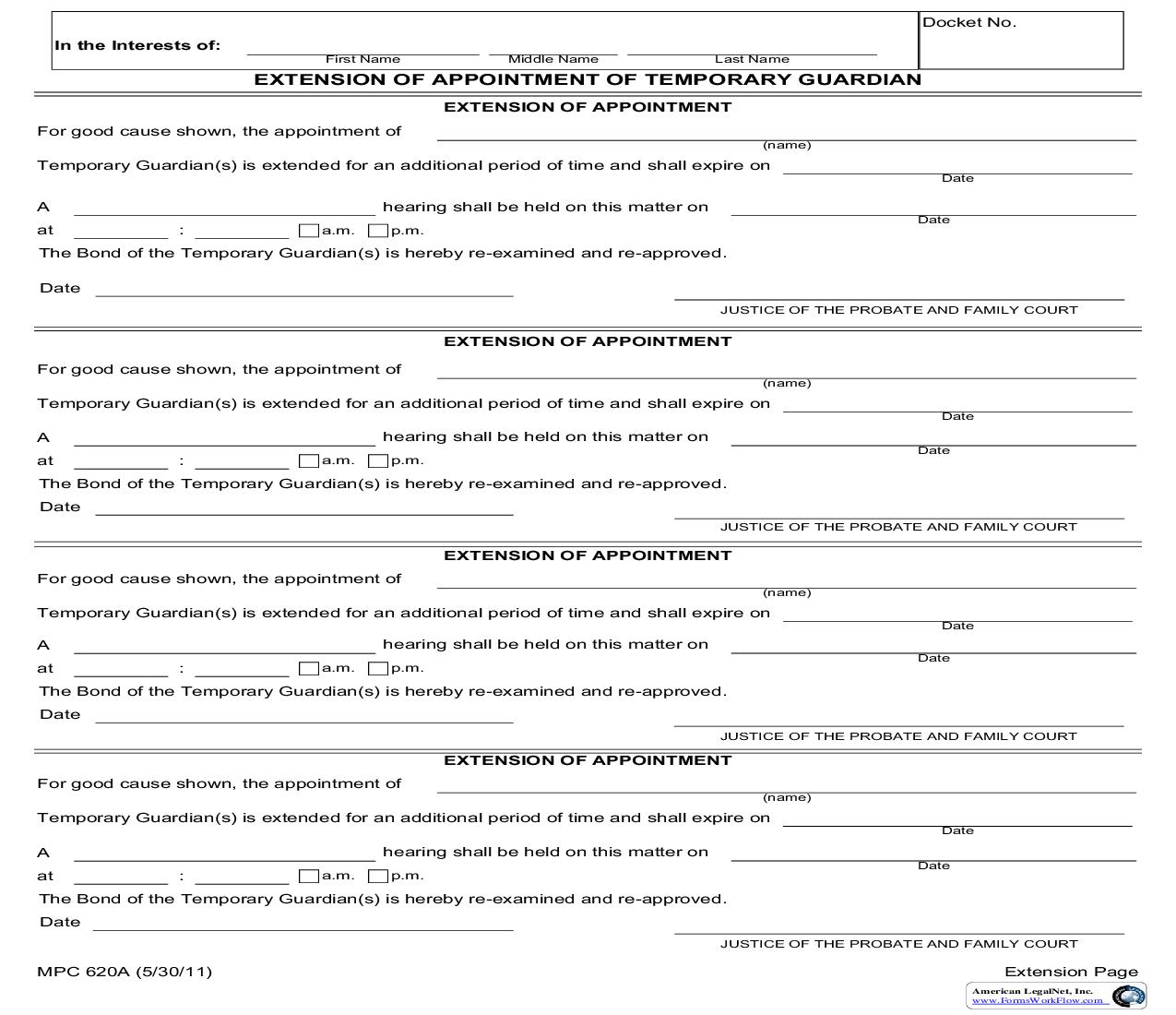 Extension Of Appointment Of Temporary Guardian {MPC 620A} | Pdf Fpdf Doc Docx | Massachusetts