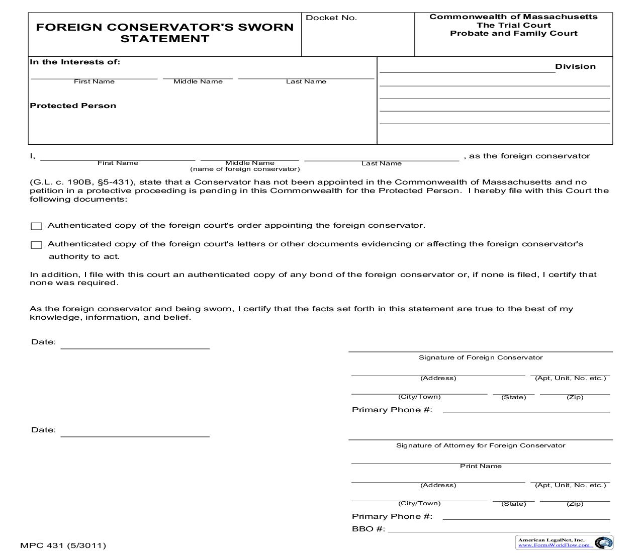 Foreign Conservators Sworn Statement {MPC 431} | Pdf Fpdf Doc Docx | Massachusetts