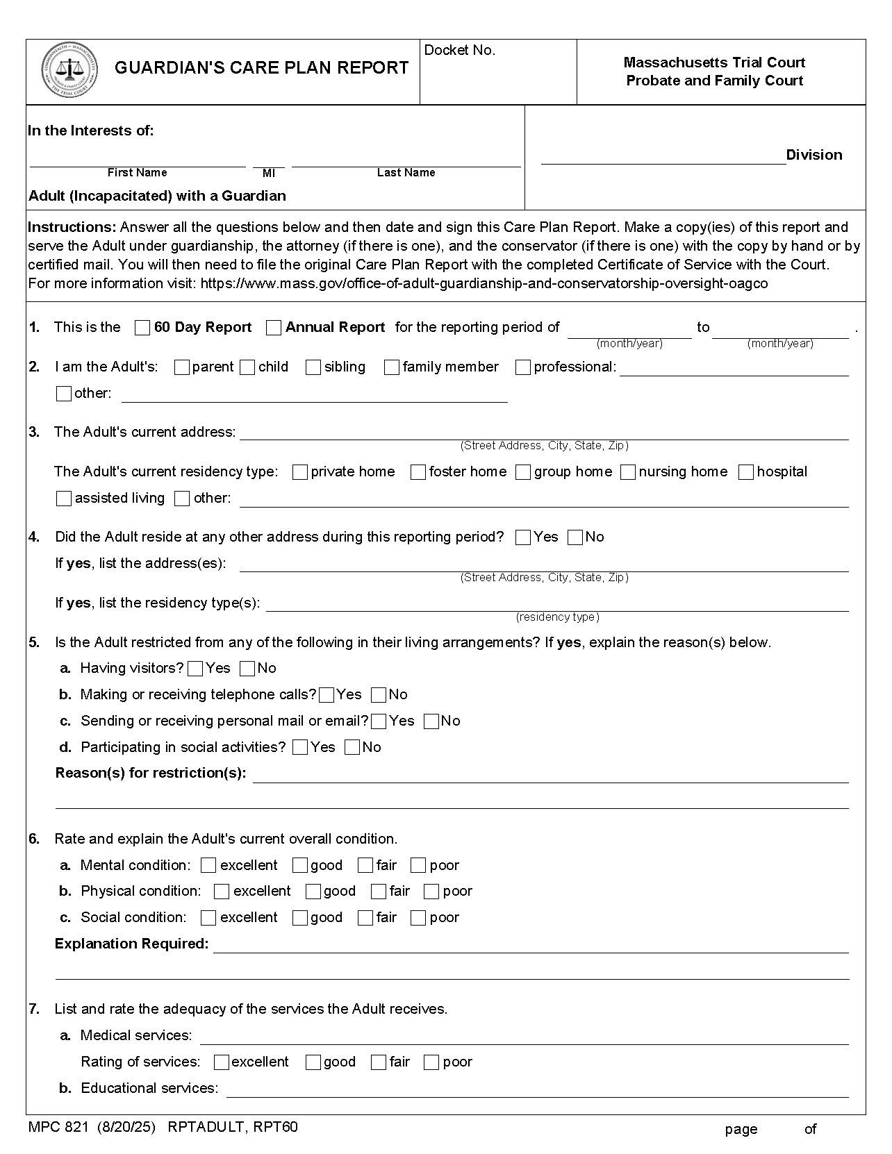 Guardians Care Plan-Report {MPC 821} | Pdf Fpdf Doc Docx | Massachusetts