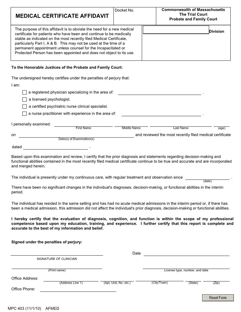 Medical Certificate Affidavit {MPC 403} | Pdf Fpdf Doc Docx | Massachusetts