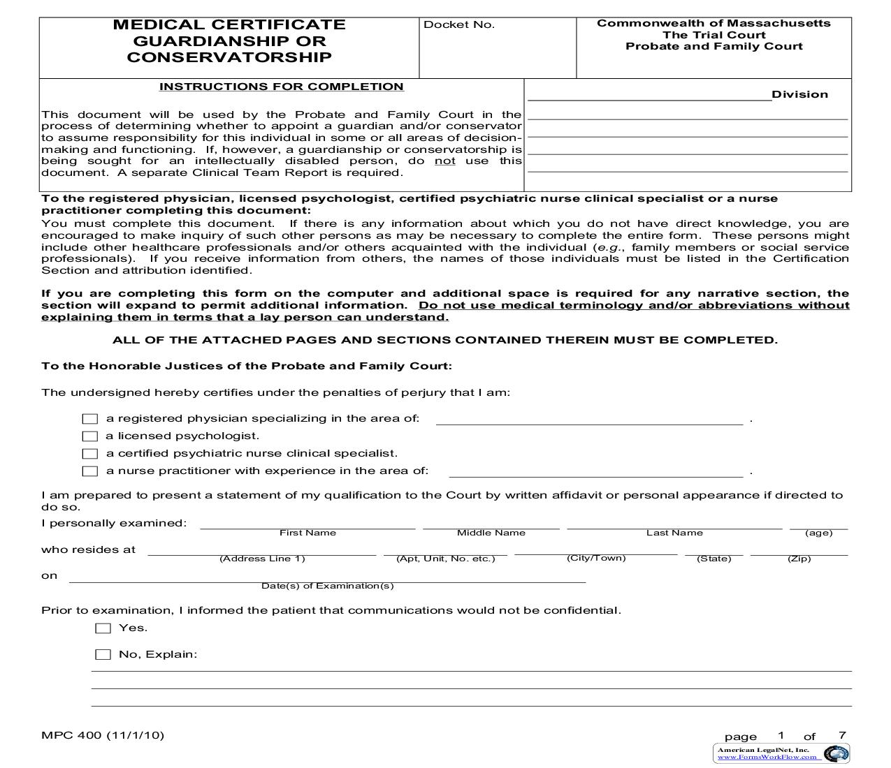 Medical Certificate For Guardianship-Conservatorship {MPC 400} | Pdf Fpdf Doc Docx | Massachusetts