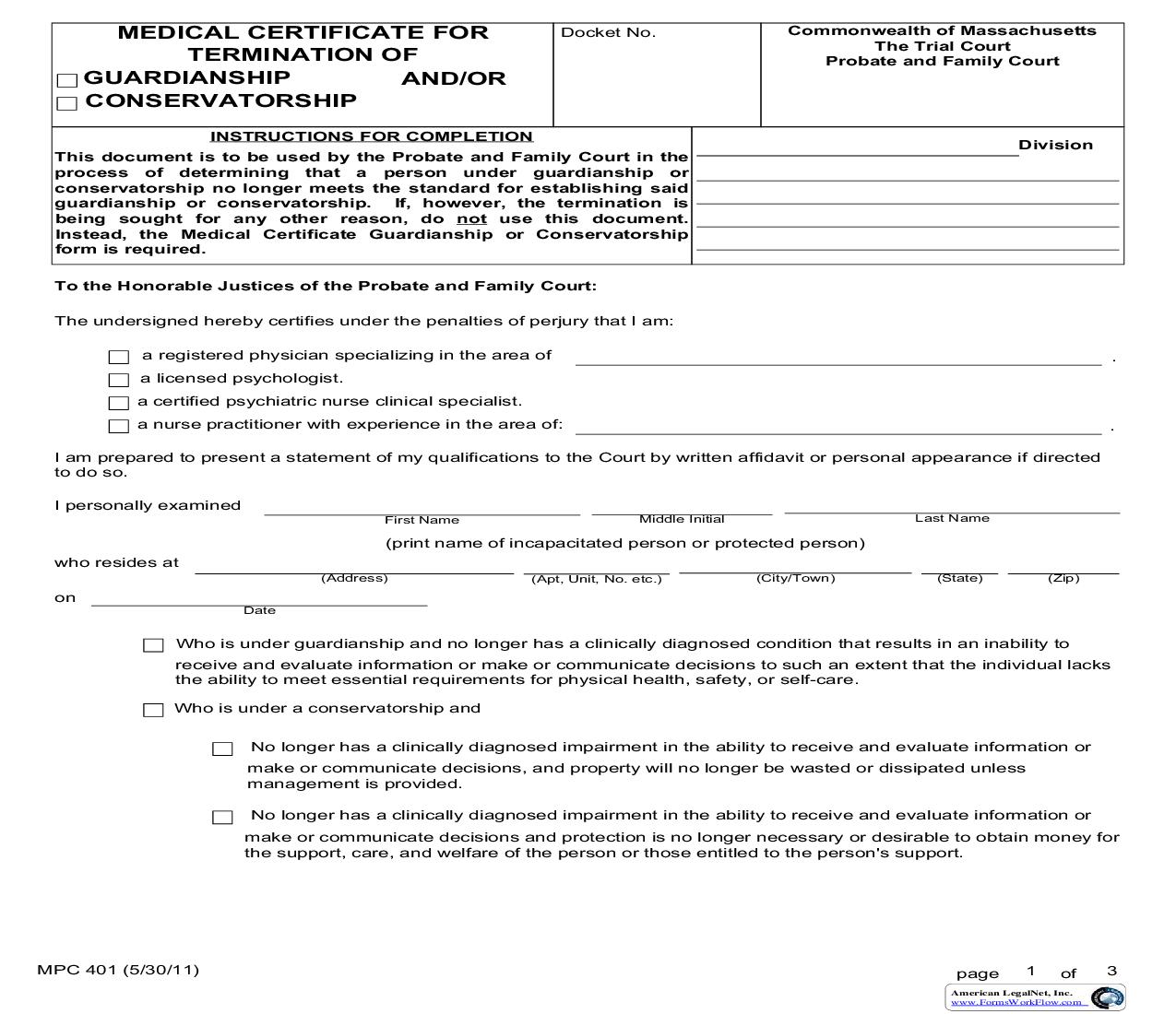 Medical Certificate For Termination Of Guardianship And-Or Conservatorship  {MPC 401} | Pdf Fpdf Doc Docx | Massachusetts