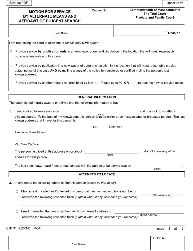 Motion For Service By Alternate Means And Affidavit {CJP 31} | Pdf Fpdf Docx | Massachusetts