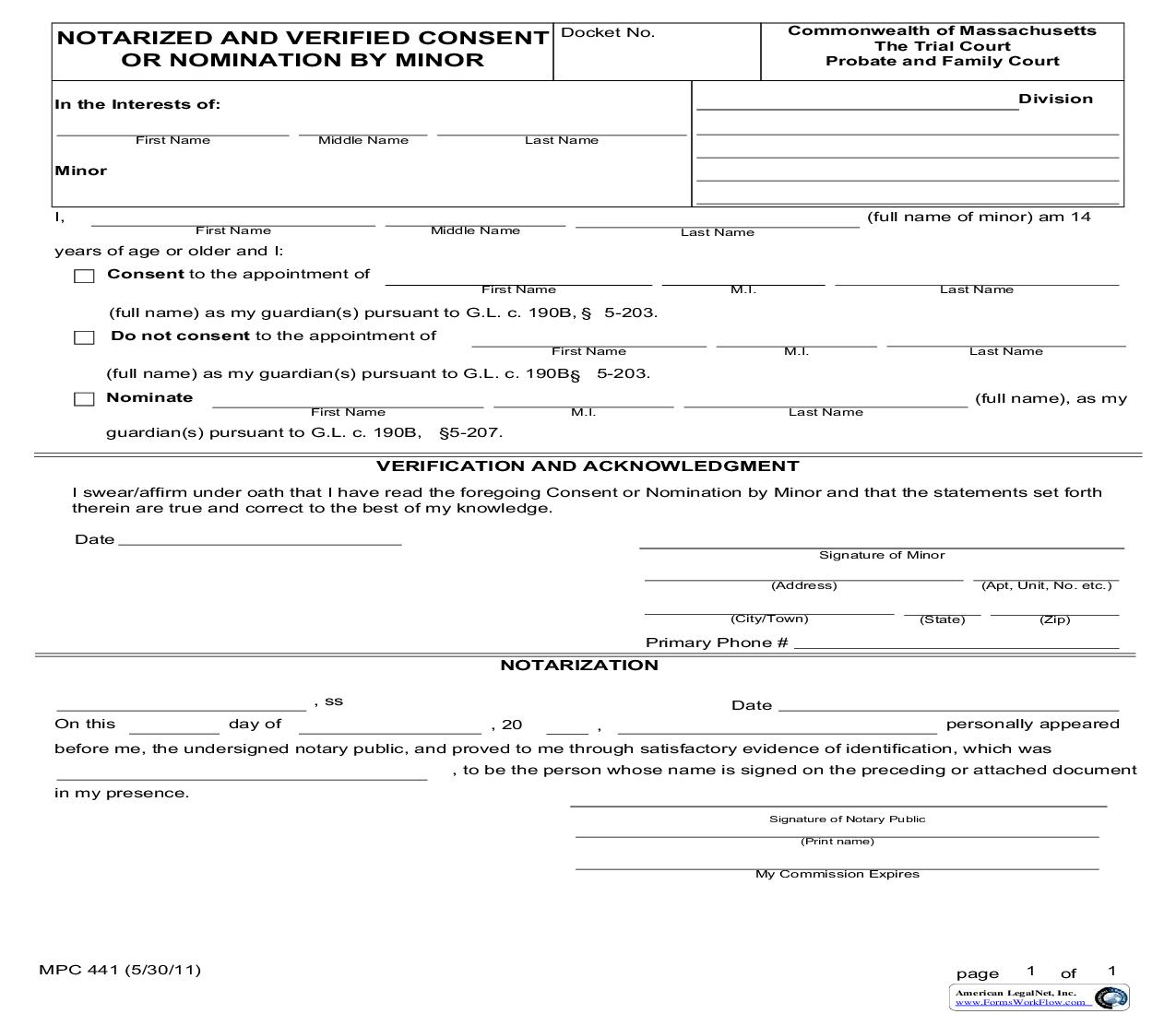 Notarized And Verified Consent Or Nomination By Minor {MPC 441} | Pdf Fpdf Doc Docx | Massachusetts